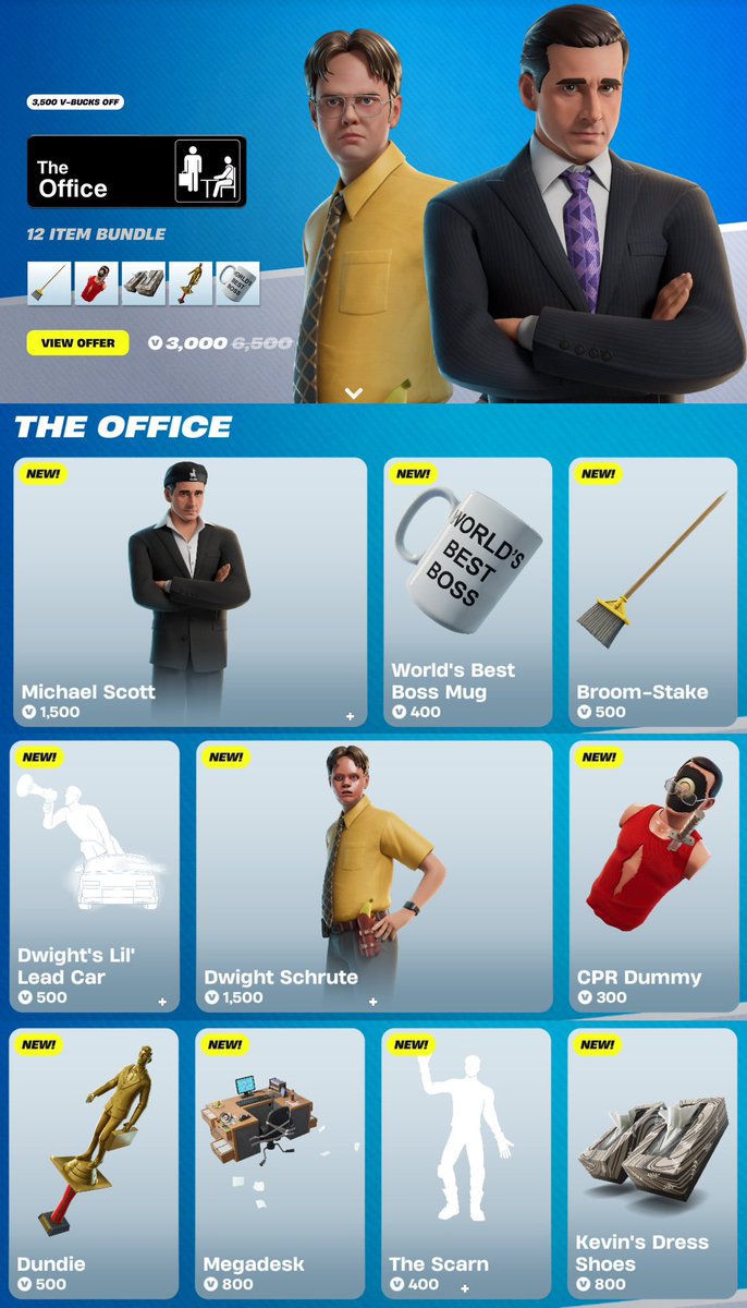 TechPulseLeaks's tweet image. The Office Bundle (Dwight Schrute &amp;amp; Michael Scott) is now available in the #Fortnite Item Shop!

Buy Here: fortnite.com/item-shop/bund…

Use code PROFESSOR in item shop.
#EpicPartner
