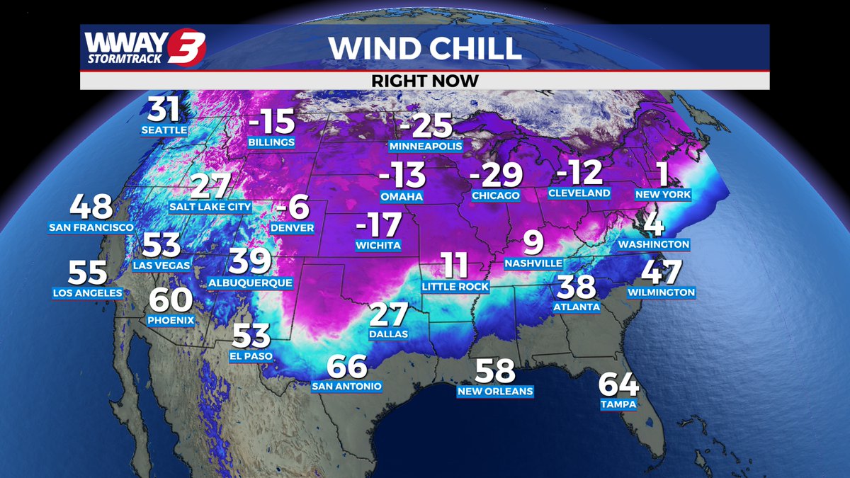 LeeHaywoodWX's tweet image. Brutal cold across the northern and central United States on this Friday night. Wind chills far below zero from #Billings to #Cleveland and south to #Wichita.
#WWAY