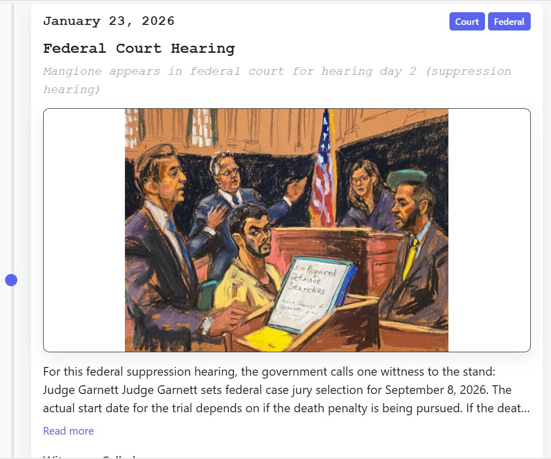 Thank you Luigistics and Shelby for updating the Luigi Mangione event timeline with information from the Friday, 23rd of January, 2026 court appearance 

stats4lulu.github.io/timeline