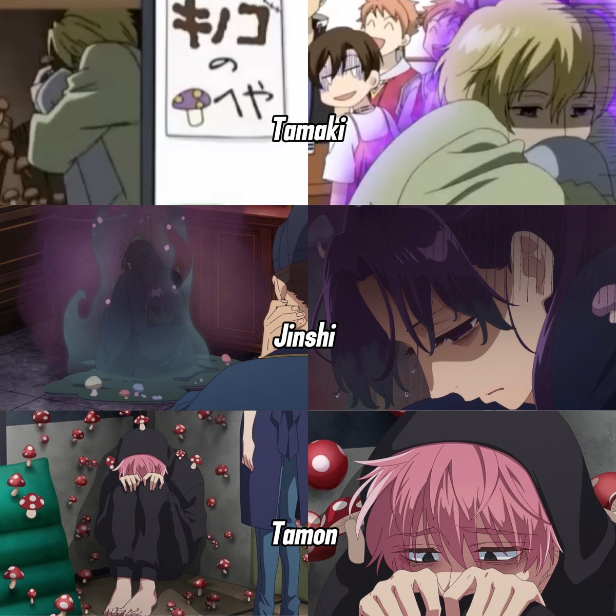 keiuzuki's tweet image. All three of them growing mushrooms on themselves when they are gloomy and depressed 😭