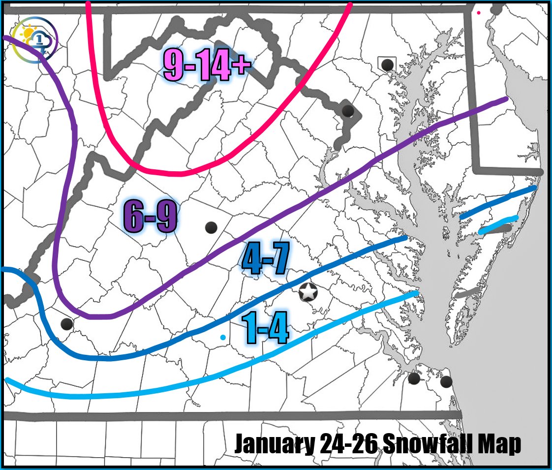 FirstinWeather's tweet image. Updated snowfall map. I've bumped up totals slightly for NOVA and central VA. I think 9 inches is a hard ceiling for most of NOVA due to decreasing ratios as the WAA aloft increases and the fact that snow will only be falling for 10-12 hours.