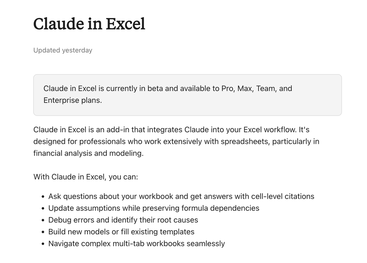 lucas_flatwhite's tweet photo. 📋 Claude in Excel
> 알고 쓰�� 더 좋아요 스프레드시트 작업

이번 Claude in Excel 베타 버전 써보셨을까요! 금융 분석이나 모델링을 자주 하는 분들에게는 도움이 많이 되겠네요.

Claude AI를 엑셀에 통합한 애드인이라고 보시면 됩니다.

Claude Opus 4.5 모델을 사용하니 스프레드시트 생성, 금융 모델링, 예측 같은 작업에서 매우 좋은 성능을 보여줍니다.

최근 업데이트로 피벗 테이블, 차트, 파일 업로드가 지원되네요.

단축키도 추가되어서 바로 열 수 있어요.
- Mac: Control+Option+C
- Windows: Control+Alt+C

성능, 속도, 컨텍스트 관리도 크게 개선됐다고 해요. 덕분에 복잡한 멀티 탭 워크북을 더 수월하게 탐색할 수 있답!

지원 파일은 .xlsx, .xlsm. 공식, 의존성, 포맷팅은 그대로 보존돼요.

↓

Claude에서 안내하는 베스트 프랙티스!

안전하고 효과적으로 쓰려면:
- 모든 변경 검토 후 최종화
- 조직 방법론과 출력 일치 확인
- 적절한 권한/접근 제어
- 클라이언트 작업 시 인간 감독 유지

↓

유스 케이스.. 실무에서 어떻게 쓰일까요.

금융 모델링:
- "SaaS 회사 ARR, churn, LTV 계산 포함 메트릭스 모델 만들어."
- "다음 3년 현금 흐름 프로젝션 모델링."
- "매출 15% 하락 다운사이드 케이스 추가."

데이터 분석:
- "2025 vs 2024 트렌드 뭐가 돋보여?"
- "실제 vs 예산 비교하고 큰 차이 설명."
- "거래 카테고리로 분류."

데이터 클리닝:
- "모든 날짜 YYYY-MM-DD로 변환."
- "중복 행 찾아 최근 거만 남겨."
- "이메일 도메인에서 회사 이름 추출."

공식 트러블슈팅:
- "워크북 전체 #REF/#VALUE 에러 찾아."
- "이 공식 plain English로 설명."
- "인벤토리 일수 계산 공식 써."

대시보드/리포팅:
- "모든 워크시트 요약한 executive 대시보드 만들어."
- "���출 브릿지 워터폴 차트 생성."
- "코호트 리텐션 히트맵."

포맷팅:
- "IB 컨벤션으로 포맷: 블루 입력, 블랙 공식."
- "음수 값 빨강으로 하이라이트."

문서 임포트:
- "이 PDF 금융 테이블 엑셀로 추출."
- "오퍼링 메모 데이터로 딜 템플릿 채워."

모델 리뷰:
- "공식 링크 제대로 됐는지 체크."
- "밸런스 시트 모든 기간 균형 맞는지 확인."
- "이 모델 구조 단순화 제안."

역시 Claude!!