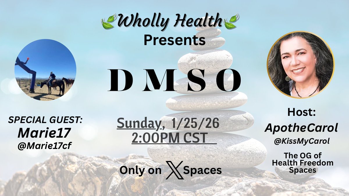 KissMyCarol's tweet image. Deep dive with us into the fascinating world of DMSO! Join us for DMSO’s history, groundbreaking research, and potential health benefits. From industrial solvent to wellness wonder—let's unpack it all! Set a reminder now! #DMSO #HealthBenefits #XSpaces