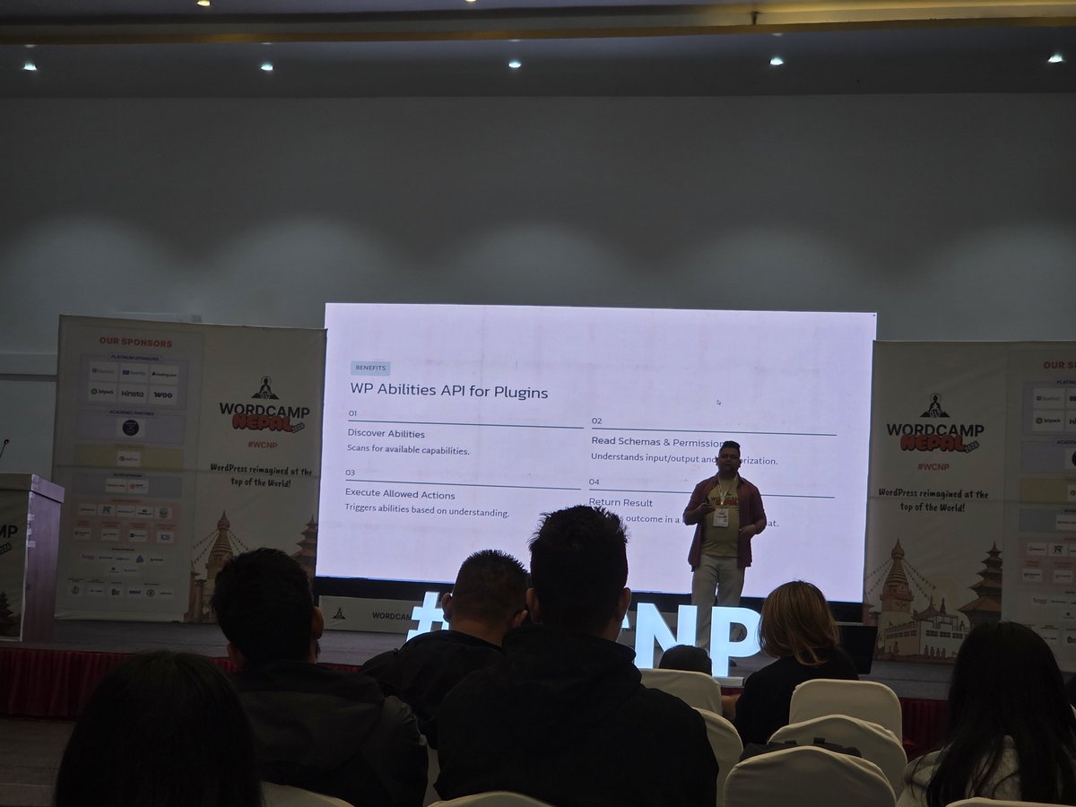 vapvarun's tweet photo. Attending Abhishek Rijal’s session on the Abilities API and the AI future for WordPress. Great insights on how AI agents can interact with WordPress workflows, permissions, and capabilities in practical ways.
#WCNP #WordCampNepal #WordPress #AI #AbilitiesAPI https://t.co/wtJa0K409K