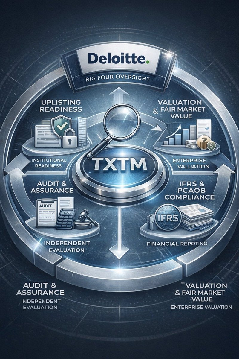 So, there’s been a lot of talk about Deloitte and $TXTM and there may seem to be a certain amount that don’t know who Deloitte is, so let’s put real data behind why this is not normal for OTC.

1. What Deloitte actually is (scope &amp; scale)
Deloitte is one of the Big Four global