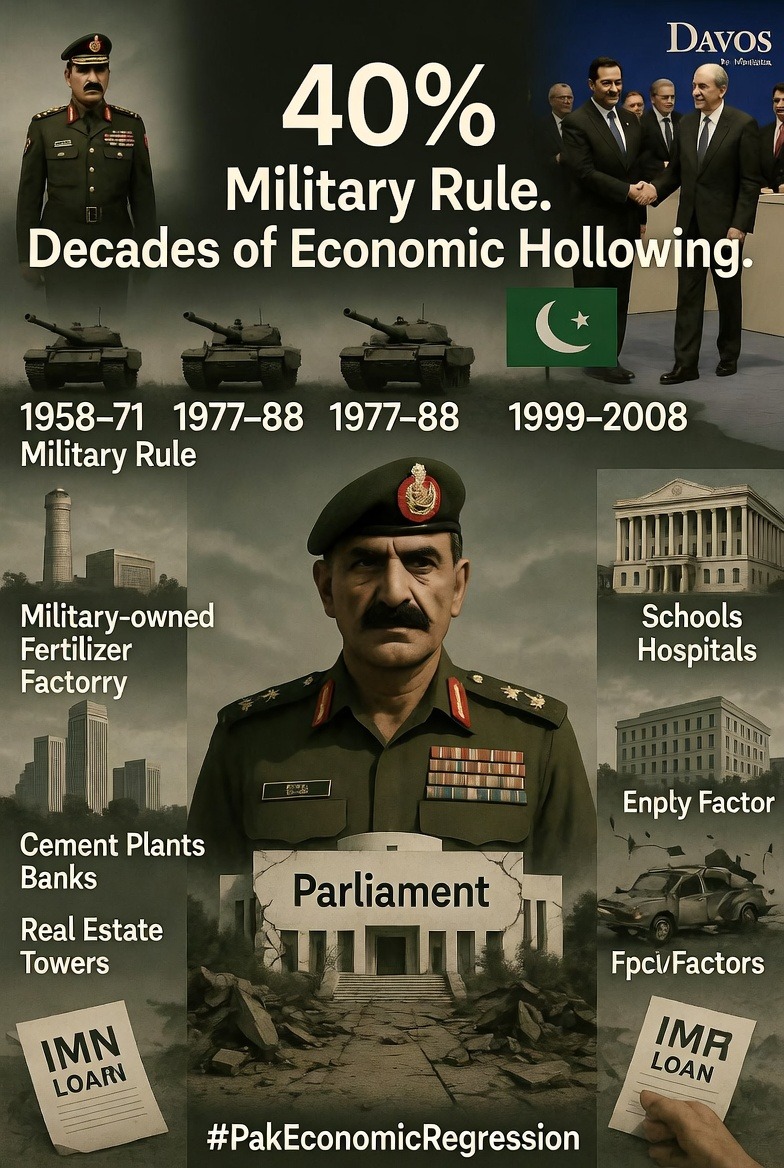 azeema_1's tweet image. Pakistan's economy didn't collapse overnight.  Decades of military dominance hollowed out civilian rule:  ~33 years of direct martial law in 78 years (over 40% of history):  
1958–1971 (Ayub/Yahya)  
1977–1988 (Zia)  
1999–2008 (Musharraf)
#PakEconomicRegression
1/n