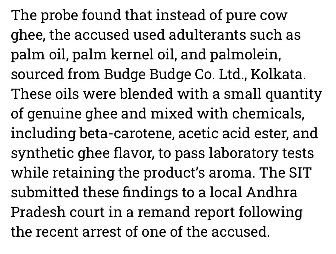 gnanodayam's tweet photo. CBI led SIT filed charge sheet regarding adulterated ghee in Tirumala

👉No Animal fat was used
👉Used adulterants and synthetic ghee flavor to pass the lab tests 
👉No politically appointed persons were mentioned in the charge sheet 

Animal fat ani politicise chesinollandharani ippudu emanaali? That’s how crooked TDP works
