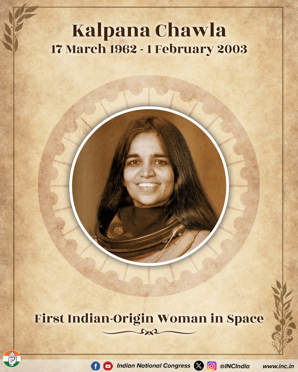 INCIndia's tweet photo. Remembering Kalpana Chawla, a symbol of dreams without boundaries. The first Indian-origin woman in space, she inspired generations to look beyond limits and reach for the stars. Her legacy of courage lives on forever. https://t.co/YAXHY2V3Ct
