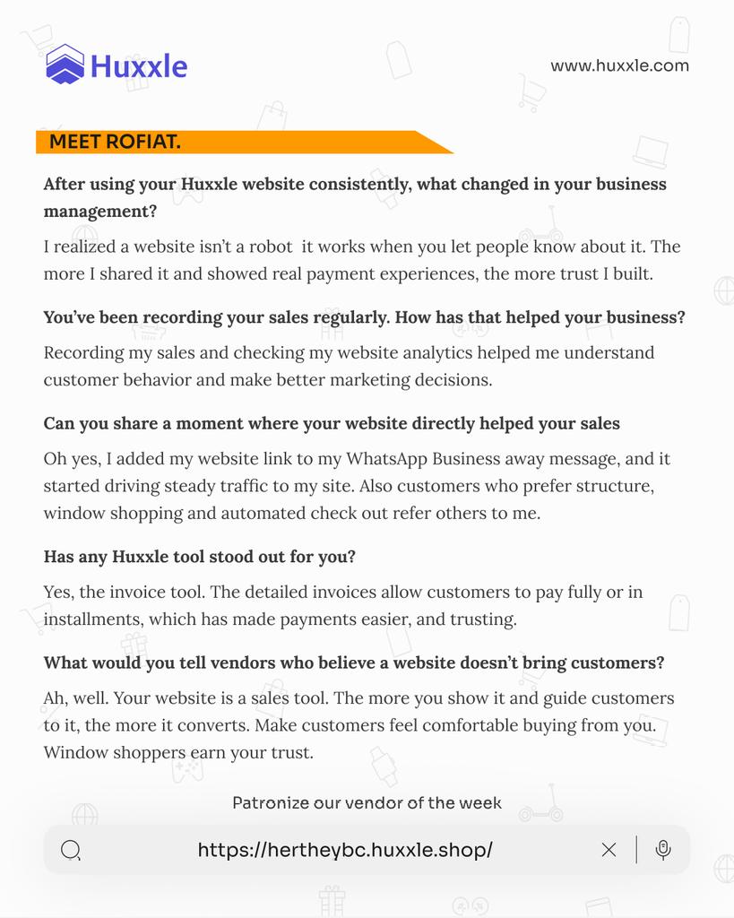 join_huxxle's tweet image. She uses her Huxxle website to support her sales , sharing her link consistently, tracking customer activity, and using invoices to make payments easier.
Structure made the difference.

🔗 hertheybce.huxxle.shop

#SmallBusinessNigeria #OnlineSales #WomenInBusiness #BuildInPublic