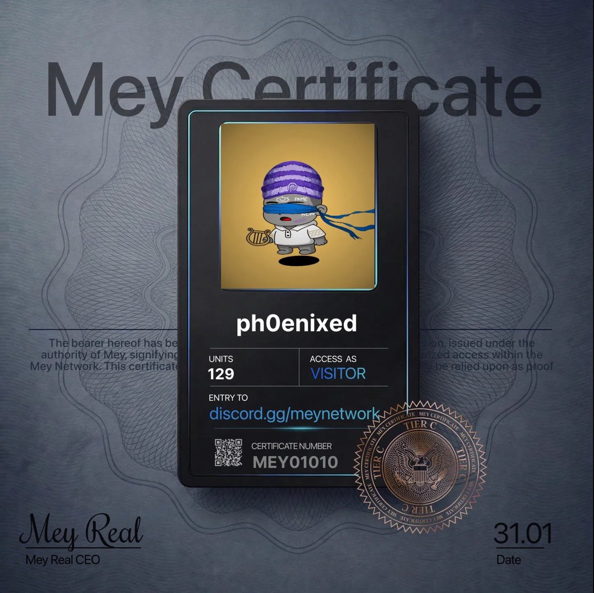 claim this asap

- join <a href="/Mey_Network/">Mey Network</a> discord here: discord.gg/uJqfBccs2h
- complete verify
- go to #Mey-certificate channel and generate certificate
- tweet and submit link to earn units (points), and qualify for future access
- invite friends to discord to upgrade tier