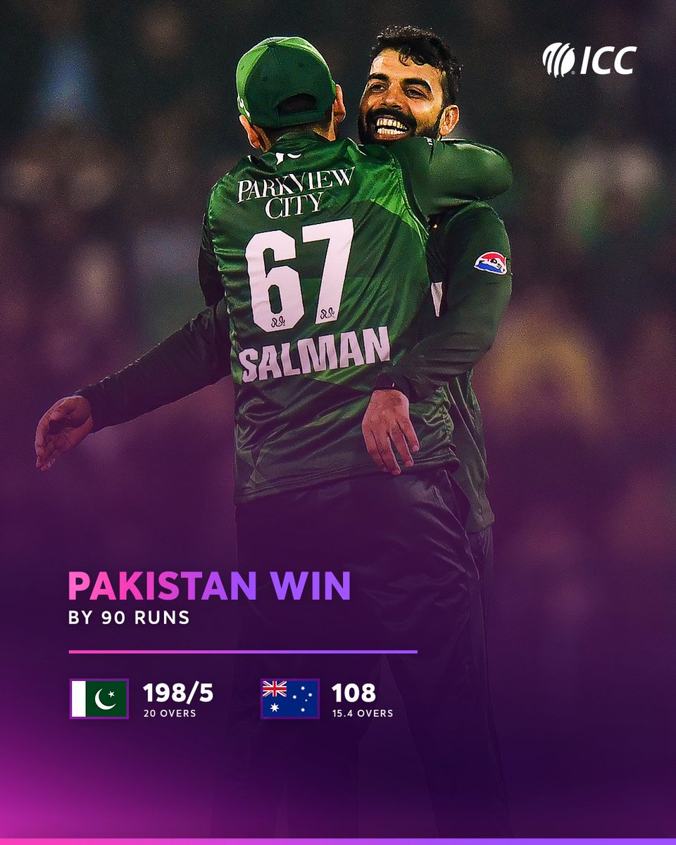 ICC's tweet photo. Pakistan overpower Australia in Lahore to take a decisive 2-0 lead in the T20I series 👌

📝 : https://t.co/vvL6dxn0wR https://t.co/hrVmZy0jRm