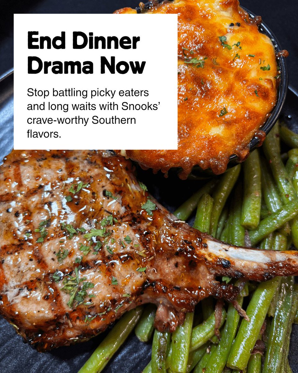snooksgrill's tweet photo. Family dinners shouldn't be a struggle. Top 3 frustrations: picky eaters, long waits, and boring menus. Snooks solves them with crave-worthy Southern dishes, speedy service, and flavors everyone loves. Dinner, done right.

Get customers to dine in https://t.co/CCR6BtUNXG https://t.co/yXCfdBxsc2