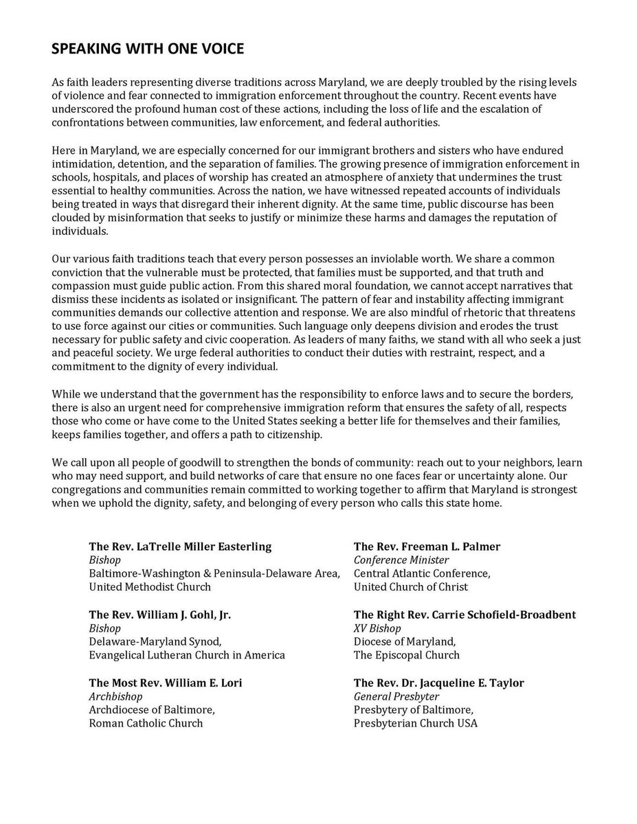 wxderek's tweet photo. Faith leaders across Maryland are standing together for immigrant families. Safe schools, hospitals, and neighborhoods matter, and we are called to live peacefully, mind our work, and build respect in our communities. https://t.co/SLsVCbdoY1