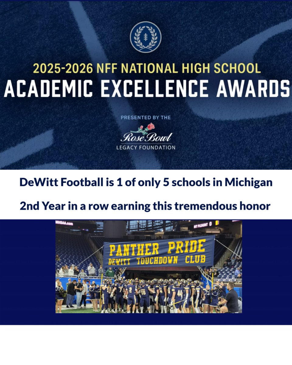 DeWitt Football recognized as STATE WINNER for National Academic Award. Click below for full release.

footballfoundation.org/news/2026/1/29…