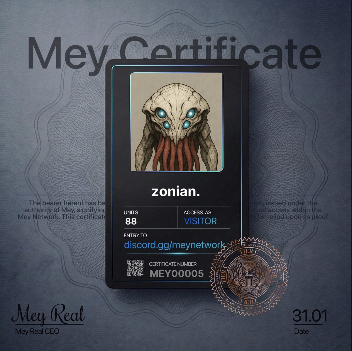 Got my **MEY Certificate** and unlocked access to MEY HQ.

Lowkey curious how rare my tier is.

What did you pull?

@mey_network → discord.gg/meynetwork