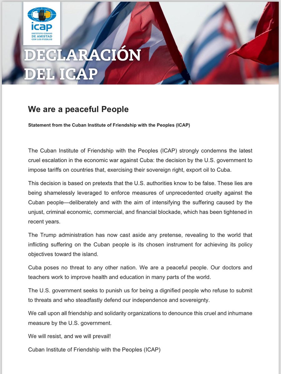 siempreconcuba's tweet photo. 🇨🇺 OFFICIAL STATEMENT from the Cuban Institute for Friendship with the Peoples (ICAP)

We strongly condemn the latest escalation in the US economic war against Cuba: the imposition of tariffs on countries that export oil to the Island. 

#ICAPCuba #HandsOffCuba https://t.co/Xgivsm2QIp
