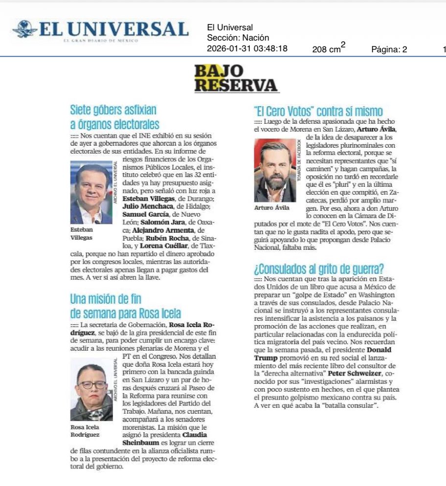 Otra crítica mediática a Esteban. 

Ahora en  El Universal, en la columna política  institucional del diario “Bajo Reserva”