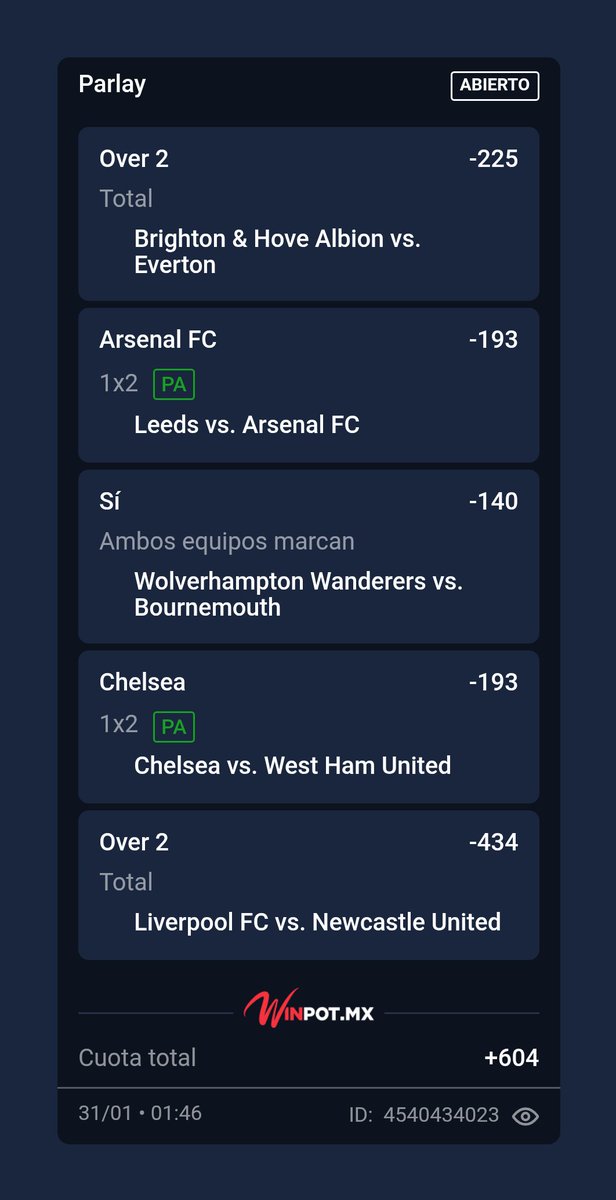 PARLAY SOÑADOR DE PREMIER LEAGUE 🏴󠁧󠁢󠁥󠁮󠁧󠁿 

ESTE SE TIENE QUE GANAR HERMANOS. DEJEN SU BUENA VIBRA 🙌🏼