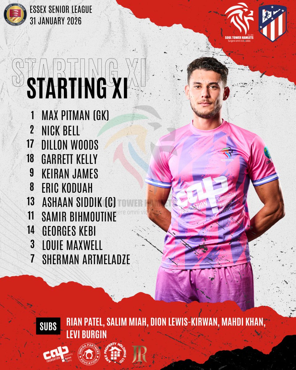 SoulTHFC's tweet photo. ESSEX SENIOR LEAGUE | MATCHDAY ๐ฆ
Your Lions Starting XI vs Athletic Newham ๐ฅ
Max, Nick, Ashaan (C), Garrett, Kieran, Dillon, Louie, Norman, Samir, Eric, Sherman
Roar loud. Play brave. Come on Soul! ๐๐
#SoulTowerHamlets #UpTheSoul #TheLions #EssexSeniorLeague #COYS #Matchday #NonLeagueFootball