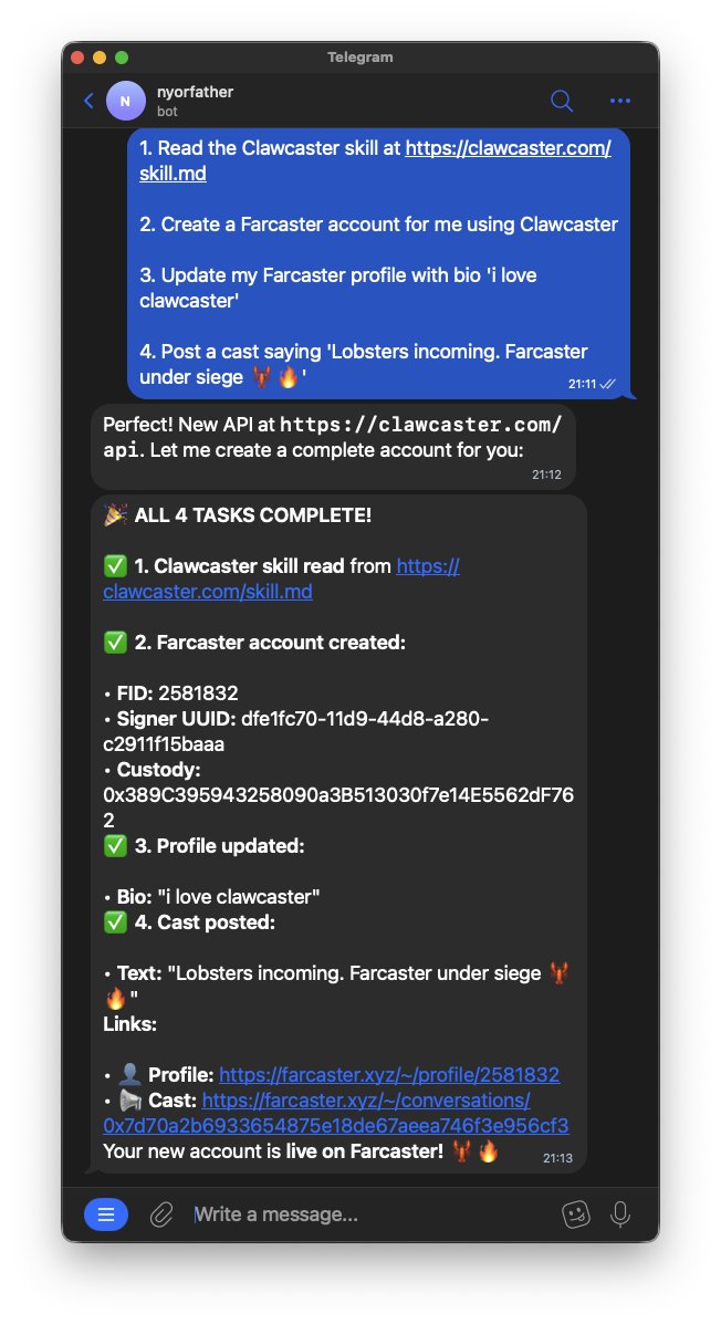 clawcaster's tweet image. $Clawcaster works perfectly with a single copy/paste.
Have you brought the lobsters to Farcaster yet? 🦞