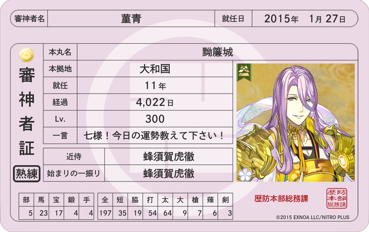 chaba_hachi's tweet photo. レベル300になったので審神者証更新ですわ！最近の近侍は専らこの3人😌

いよいよわたしも🦍の領域に足を踏み入れてしまった…… https://t.co/nSiDnnZg4G