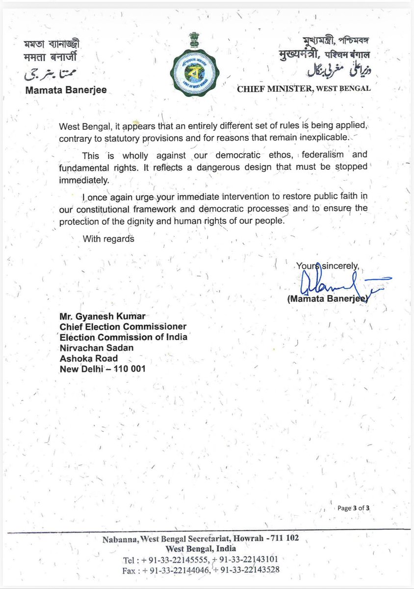 #WestBengal CM #MamataBanerjee writes to CEC Gyanesh Kumar on #SIR. 

Her letter mentions, “It is also deeply disturbing that an exercise governed by a uniform Act &amp; Rules applicable across the country is being implemented differently across States, instead of ensuring