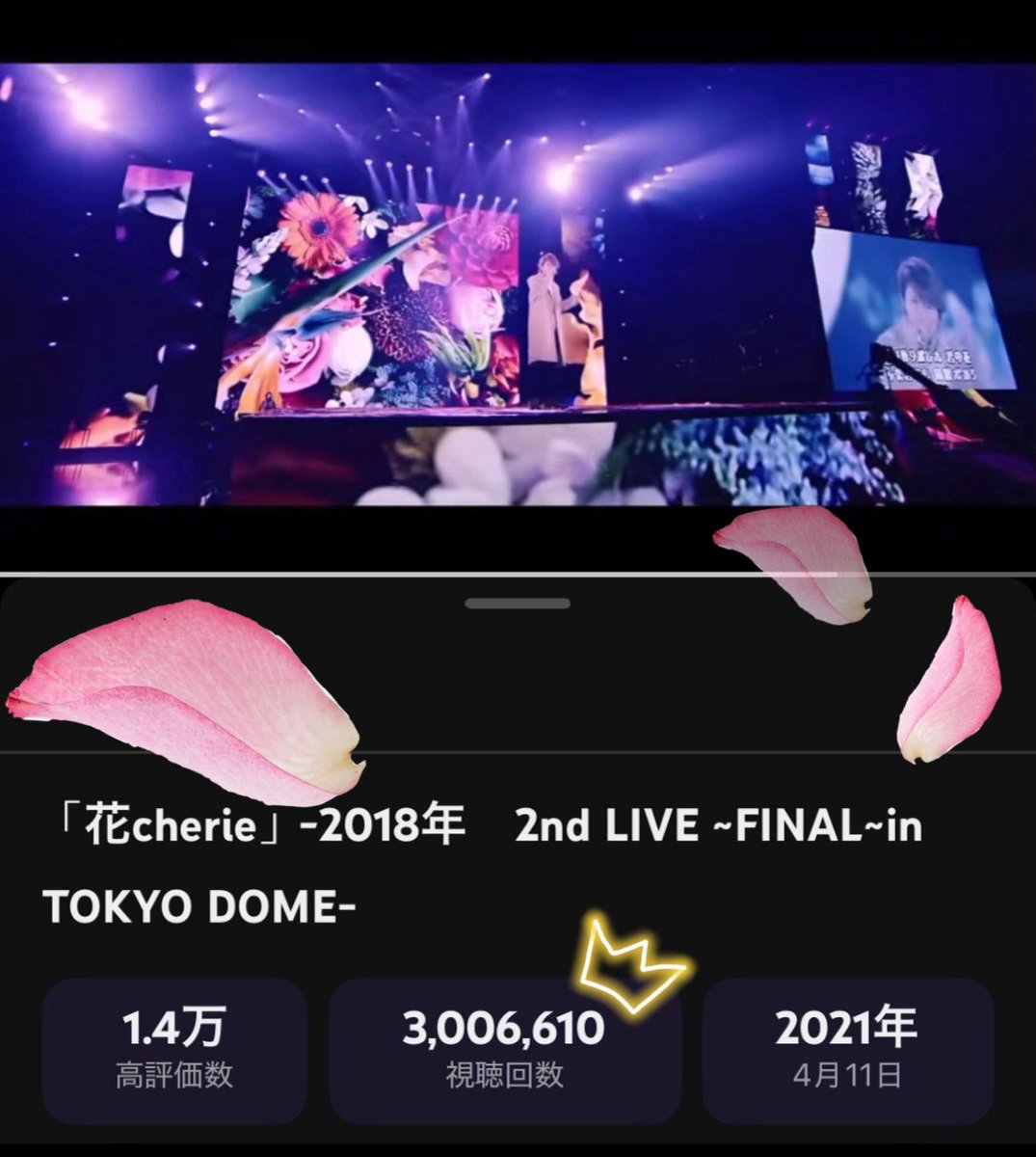 🎙3,000,000回再生突破✨
       ～Congratulations !! ～

ﾓﾉｸﾛの世界に降り注ぐ花びら
愛しい人を優しくそっと包み込むよな繊細なﾘﾘｯｸ
情感たっぷりに歌い上げる姿も美✨

#Nissy
#花cherie

「花cherie」-2018年　2nd LIVE ~FINAL~in TOKYO DOME- youtu.be/3qpJI-XsIDs?si… <a href="/YouTube/">YouTube</a>より