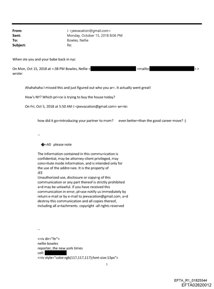 MarlowNYC's tweet image. seems jeffrey epstein and nellie bowles, the wife of bari weiss, got along well (the "partner" epstein mentions here is weiss)