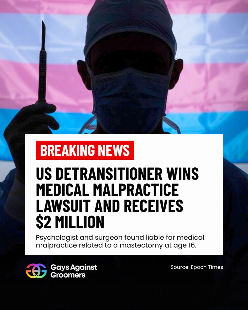 againstgrmrs's tweet image. MASSIVE: First detransitioner to take a medical malpractice lawsuit to trial has been awarded $2M for medical malpractice. Her psychologist and surgeon were both found liable for giving her a mastectomy at 16.

THIS is how it finally ends. All these monsters understand is money.