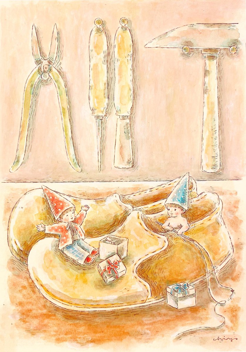 『こびとのくつ屋』
"The Elves and the Shoemaker"

グリム童話
Grimm's Fairy Tales
____________________
原画/Original painting
作者/Artist：chiyo (@trunk_chiyo)

pienitrunkukka.shop/items/6928c969…

#イラスト #絵本 #illustration