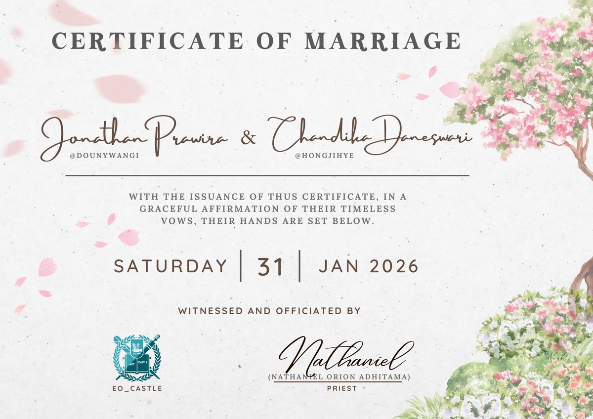 <a href="/JlHYEHONG/">Chandika</a> <a href="/dounywangi/">Jonathan</a> <a href="/S0NGKNG/">Gio</a> <a href="/sseohyunjin/">𝓖 Leehan #JaeNatLavenderVows</a> <a href="/EO_CASTLE/">EO Castle</a> /tersenyum melihat kedua mempelai bertukar cincin/
 
Berikut saya serahkan sertifikat nikah untuk kedua mempelai, sebagai bukti sah pernikahan kalian. Mohon dijaga dengan baik, sebagaimana kalian menjaga hubungan ini.
 
/memberikan sertifikat nikah kepada kedua mempelai/