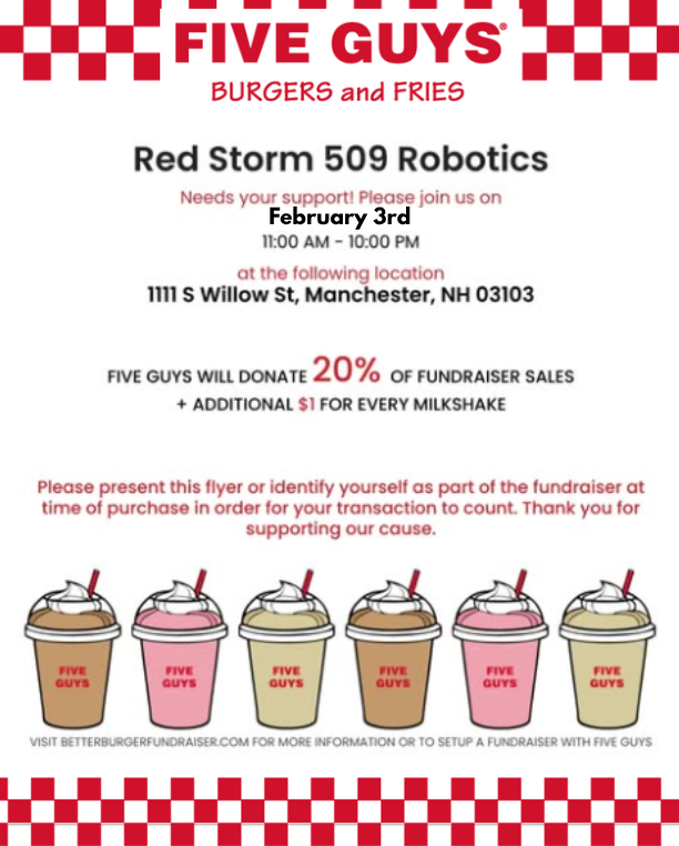 RedStorm509's tweet photo. Join us February 3rd, this Tuesday, at Five Guys from 11:00am-10:00pm. Mention the team and 20% of your purchase will be donated to the team. https://t.co/QrFDixG2PA