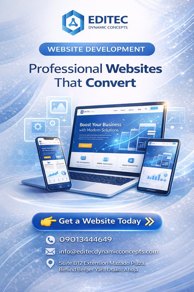 Editecconcepts's tweet photo. Your website is more than just an online presence — it’s your digital sales machine.

At Editec Dynamic Concepts, we design professional, fast, and responsive websites that don’t just look good but convert visitors into customers.

✅ Mobile-friendly designs
✅ Modern UI/UX https://t.co/2jXmCgac4i