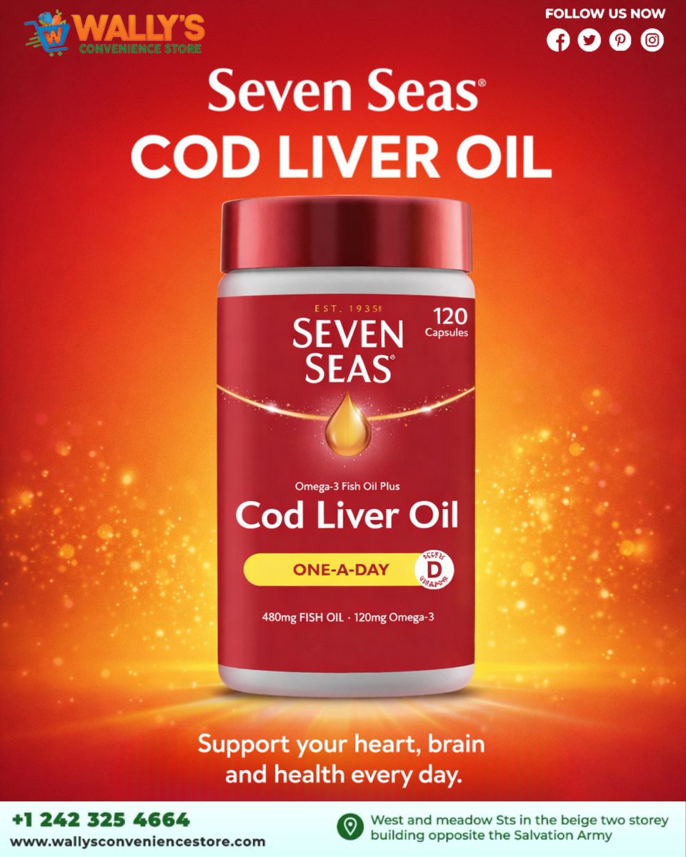 Wallysstore's tweet image. Boost your health with Seven Seas Cod Liver Oil 60 Capsules 120mg—supporting heart, brain, and joint health with essential omega-3 fatty acids and vitamins A &amp;amp; D for everyday wellness.

Visit our store today or order online at wallysconveniencestore.com/product/seven-…

#sevenseas #codliveroil