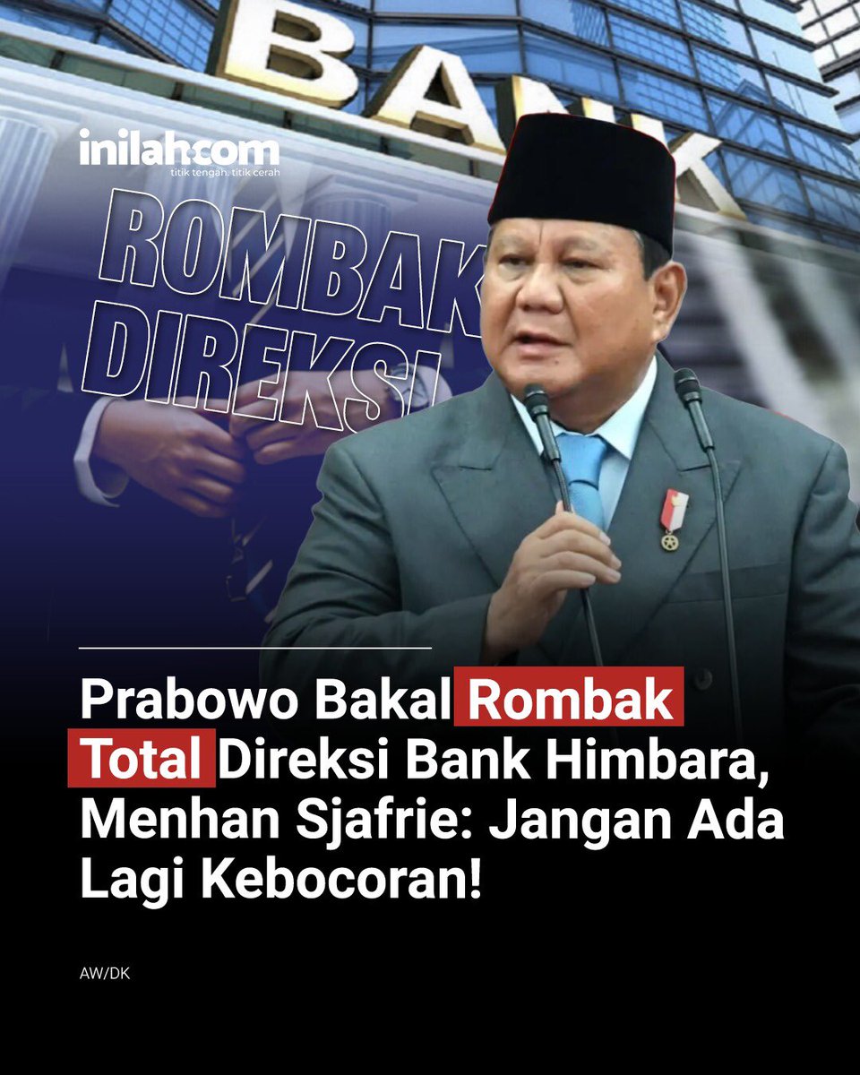 inilahdotcom's tweet photo. Kabar mengejutkan datang dari lingkaran dalam Istana. Presiden Prabowo Subianto dikabarkan bakal segera melakukan perombakan besar-besaran terhadap jajaran direksi Bank Himpunan Milik Negara (Himbara). Langkah radikal ini diambil sebagai upaya 'bersih-bersih' birokrasi dan penguatan kedaulatan ekonomi nasional.

Sinyal keras ini dilemparkan langsung oleh Menteri Pertahanan (Menhan) Sjafrie Sjamsoeddin saat memberikan pembekalan kepada anggota Persatuan Wartawan Indonesia (PWI) di Pusat Kompetensi Bela Negara, Cibodas, Jawa Barat, Sabtu (31/1/2026).

Sjafrie dengan lugas menyoroti rapuhnya birokrasi Indonesia saat ini. Menurutnya, kelemahan sistem bermula dari lemahnya pengendalian dan pengawasan oleh mereka yang berada di kursi pimpinan. Ia secara khusus menyentil pola penyaluran kredit Bank Himbara yang dinilai lebih memanjakan pengusaha kakap ketimbang pelaku usaha kecil.

-

Selengkapnya kunjungi website dengan klik link di bio atau download aplikasi di AppStore dan Google Play Store.

#inilahNews #BankHimbara #Inilahcom #titiktengah #titikcerah