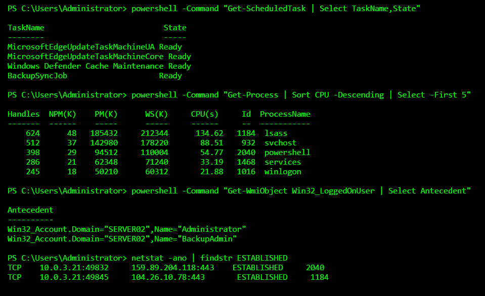 Officialwhyte22's tweet photo. How Attackers Hide in Plain Sight Using Built-In Windows Tools

After attackers gain access to a Windows system, their biggest challenge is not getting more tools but staying unnoticed. Installing custom malware increases the risk of detection, so experienced attackers often avoid it entirely. Instead, they rely on tools that already exist on the system. These are trusted Windows utilities that administrators use daily, which makes malicious activity blend in with normal operations.

In the terminal session shown below, every command used is legitimate and commonly seen on Windows servers. The attacker first confirms their identity and system context using commands like whoami, hostname, and systeminfo. This helps them understand the level of access they have and the type of system they are dealing with. Listing local users and administrator group members allows them to see which accounts are valuable and which ones may be targeted later for persistence or privilege abuse.

The attacker then inspects scheduled tasks and running processes using PowerShell. This is a quiet way to understand what jobs already exist on the system and whether malicious activity can be hidden among them. By checking logged-in users and active network connections, the attacker confirms who else is present and whether the machine is communicating externally. At no point is malware dropped, exploits launched, or suspicious binaries executed. Everything looks like routine system administration.

This technique is known as “living off the land.” The attacker survives using only native tools provided by the operating system. PowerShell, WMI, task scheduling, and built-in networking commands are powerful enough to perform reconnaissance, persistence, lateral movement, and data access. Because these tools are signed, trusted, and heavily used in real environments, security controls often allow them by default.

One reason this approach is so effective is that it reduces obvious indicators of compromise. Antivirus tools are designed to look for malicious files; not legitimate commands being misused. Logs may show PowerShell activity, but without proper monitoring and context, nothing immediately appears wrong. To an untrained eye, the activity looks like a system administrator doing routine checks.

This is why many breaches go undetected for weeks or months. The attacker does not break anything, slow down the system, or trigger alerts. They simply operate quietly, gathering information and positioning themselves deeper inside the network. By the time suspicious behavior is noticed, the attacker may already have achieved their objective.

Modern cybersecurity defense must account for this reality. Blocking malware alone is no longer enough. Organizations need visibility into how legitimate tools are used and the ability to recognize abnormal behavior patterns. When trusted tools are abused, behavior becomes the most important signal.