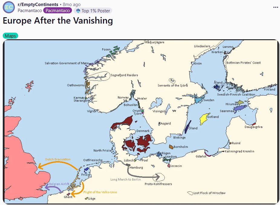 ratvisionist's tweet photo. found this worldbuilding project where everyone who doesnt live in an island dissappears. imagine a europe whose major powers are denmark and britain. bleak https://t.co/32ibXcKEep