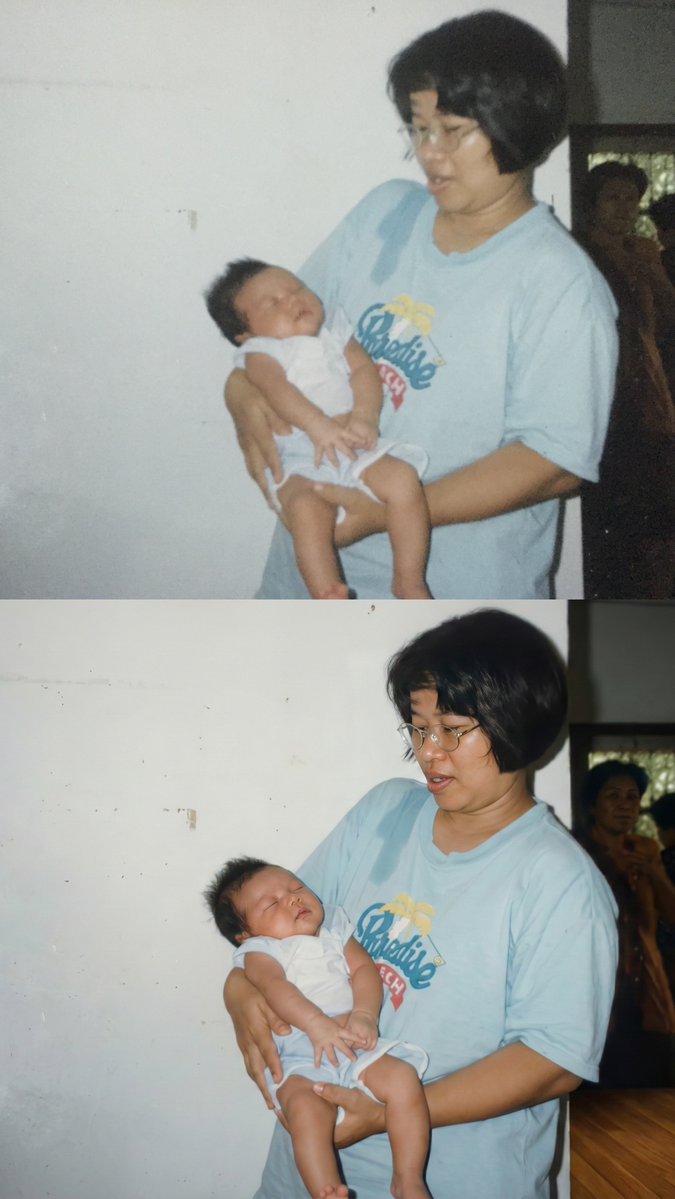 BrightMinho's tweet photo. ใช้ AI แก้ไขรูป ให้กลับมาคมชัด😆
(ควรจะทำคอนเทนต์นี้ก่อนวันเด็กนะ5555)

ก๊อบไปใช้ที่ Gemini เลยนะครับ ลองเอาไปเล่นดูน้าาาา

Prompt : ​A faithful photorealistic restoration based exactly on the original source image. Highly detailed modern photography style, natural skin texture, realistic pores, sharp focus, cinematic lighting, authentic colorization. **CRITICAL: maintain exact facial features, likeness, expression, and identity of the subject in the original photo without alteration.** 8k UHD resolution, clean photography.
​Negative Prompt :
​altered face, changing facial features, different person, distorted face, plastic skin, cartoon, painting, blurry, low quality, noisy, scratches, damage, black and white.

#Gemimi #NanoBananaPro #Samsung