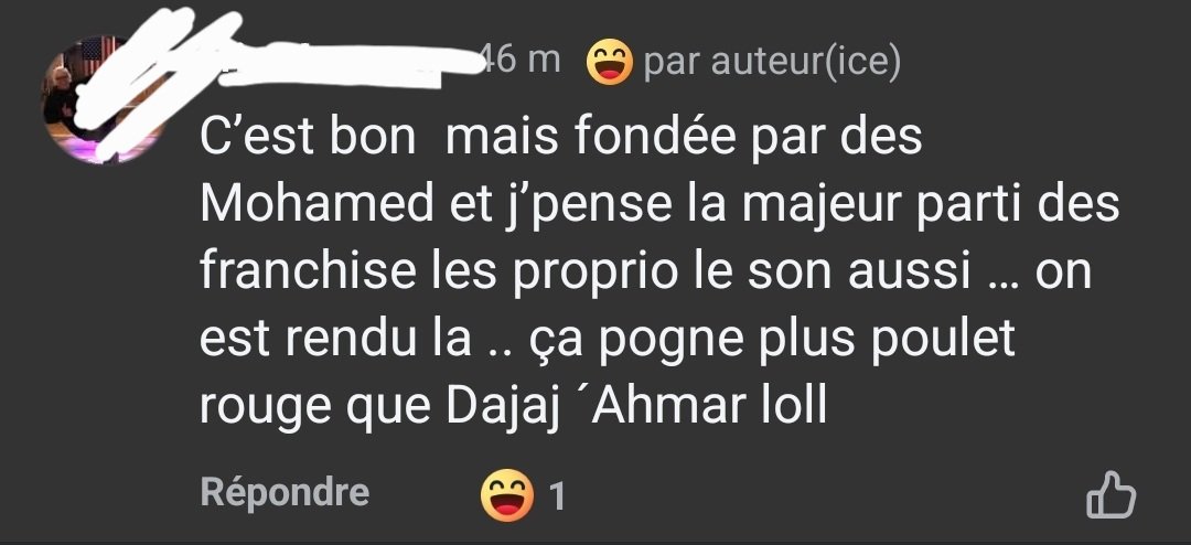 Ce matin à propos de l'ouverture d'un nouveau restaurant de poulet (halal)...Ce qui me sidère c'est la phrase typique: on est rendu là!  Les Québécois sont tellement trop gentils et naïfs. J'ai barré le nom par respect pour mon amie.