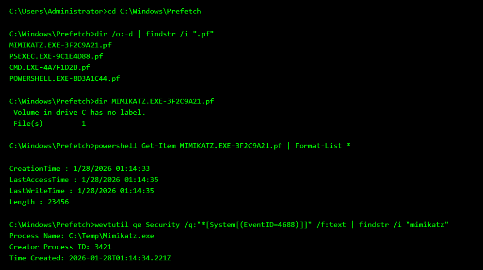 Officialwhyte22's tweet photo. Windows doesn’t just run programs it remembers them. One of the least understood artifacts in Windows forensics is Prefetch, a feature designed to speed up application loading. Every time a program is executed, Windows creates a .pf file that records the program name, execution count, and last run times. Even if the executable is deleted immediately after use, the Prefetch file often remains.

Attackers frequently make the mistake of deleting their tools and assuming the system is clean. But Prefetch tells a different story. Files like MIMIKATZ.EXE-*.pf or PSEXEC.EXE-*.pf reveal not just that a tool existed, but that it was executed and roughly when. Combined with Windows event logs, forensic analysts can reconstruct attacker activity even when binaries are long gone.

In the terminal above, the investigator(me) navigates to the Prefetch directory and sorts files by recent activity. Suspicious Prefetch entries immediately stand out. File metadata shows exact execution timestamps, and Windows Security logs confirm process creation events tied to those tools. The attacker removed the executable, but Windows already wrote the evidence. This is how defenders prove execution not by finding malware, but by finding memory of it.