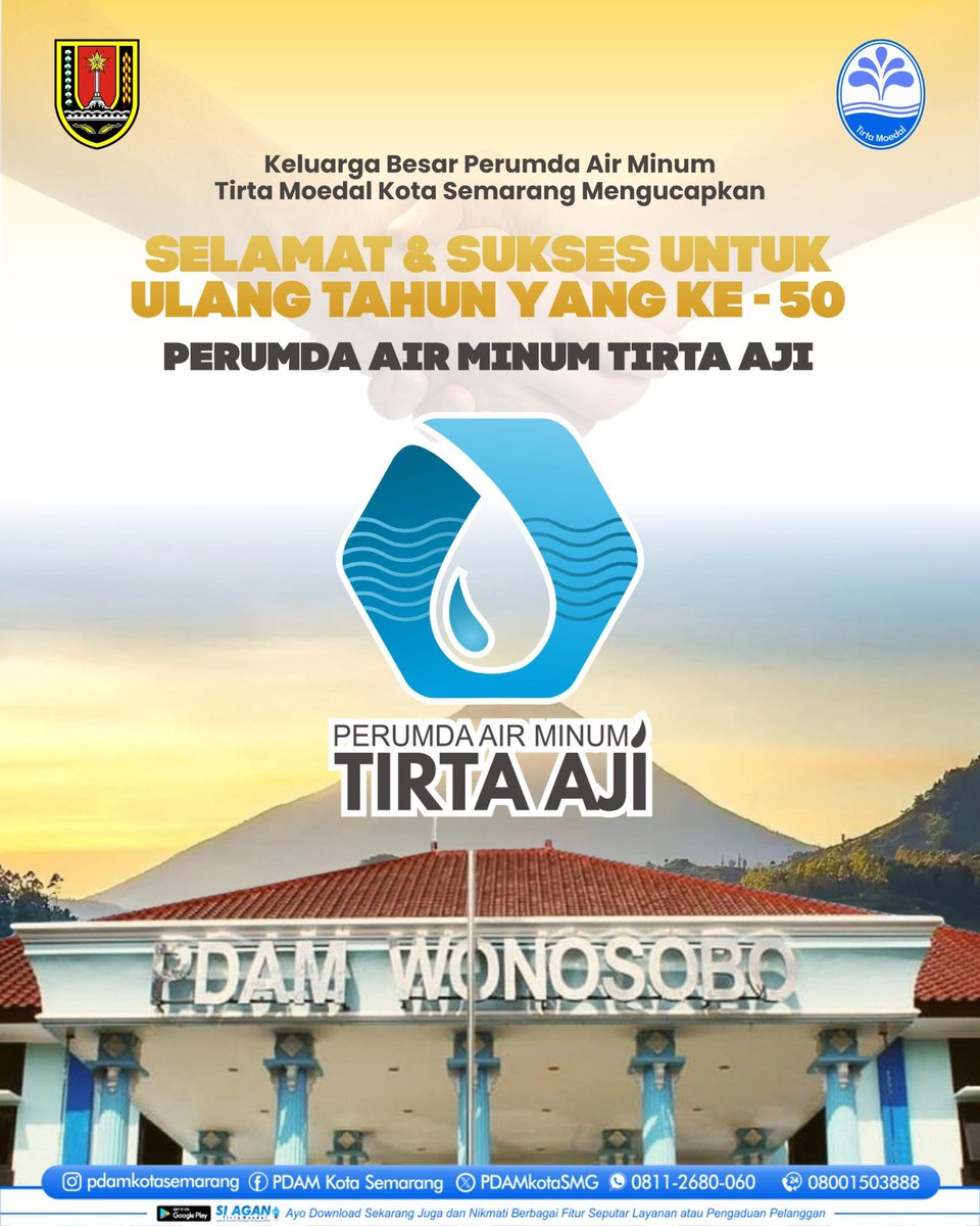 Selamat Ulang Tahun ke-50
Perumda Air Minum Tirta Aji.

Keluarga Besar Perumda Air Minum Tirta Moedal Kota Semarang mengucapkan selamat dan sukses atas ulang tahun ke-50 Perumda Air Minum Tirta Aji.