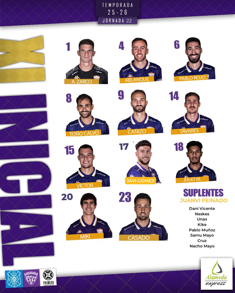 🟪¡𝗫𝗜 𝗖𝗢𝗡𝗙𝗜𝗥𝗠𝗔𝗗𝗢!⬜️

👤¡Estos serán los 11 jugadores que saldrán de inicio en el partido de hoy! 

⏳¡ARRANCAMOS EN 40'!

¡🅥🅐🅜🅞🅢 ​ 🅓🅔́🅟🅞🅡!💪
#️⃣ #TenerifeDépor   
🔴  <a href="/Primera_RFEF/">Primera Federación Versus e-Learning</a>