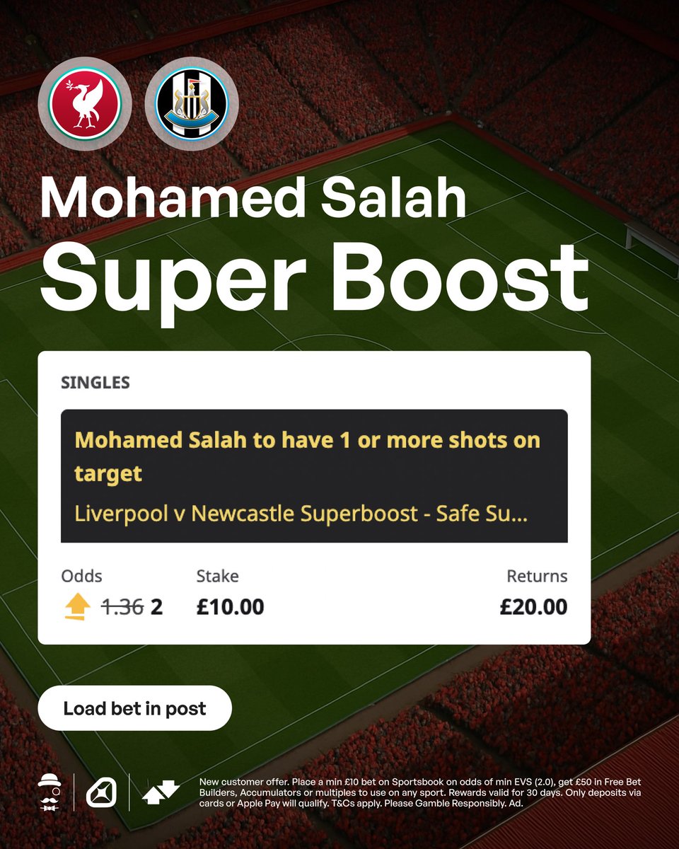 AndyRobsonTips's tweet photo. A couple mate, I'm on this one.

⚡️ Salah shot on target that has been boosted from 1.36 to 2.0.

Load bet: https://t.co/r3aFXGuVaF

Join Betfair, place £10 on it, and you will get £50 in Free Bets.

Claim offer: https://t.co/9VAQRzCyLk

18+, T&amp;Cs Apply. Ad. https://t.co/ebo9IV0kjj