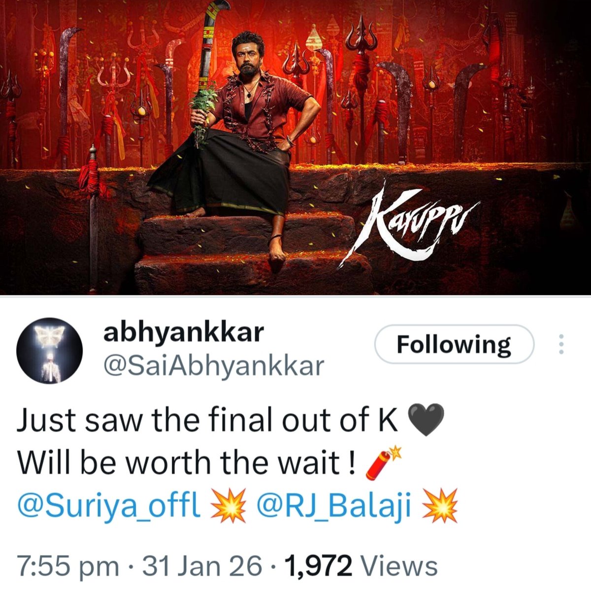 #Karuppu First Review 💥🔥💥🔥💥🥵🥵🥵 by #SaiAbhyankkar 💥💥

#Suriya Sambavam 🧨🔥🔥🧨🧨