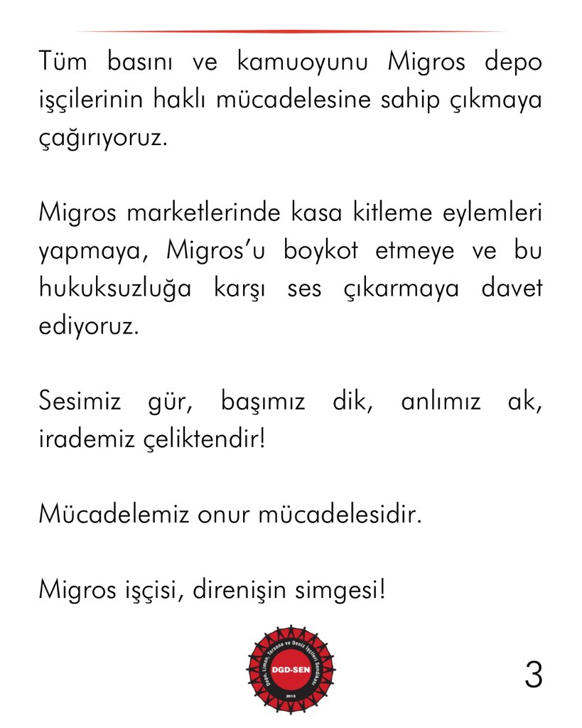 BASINA VE KAMUOYUNA 

100’e yakın Migros depo işçisi ters kelepçeyle darp edilerek gözaltına alındı!

Sesimiz gür, başımız dik, anlımız ak, irademiz çeliktendir!

Mücadelemiz onur mücadelesidir.

Migros işçisi, direnişin simgesi!