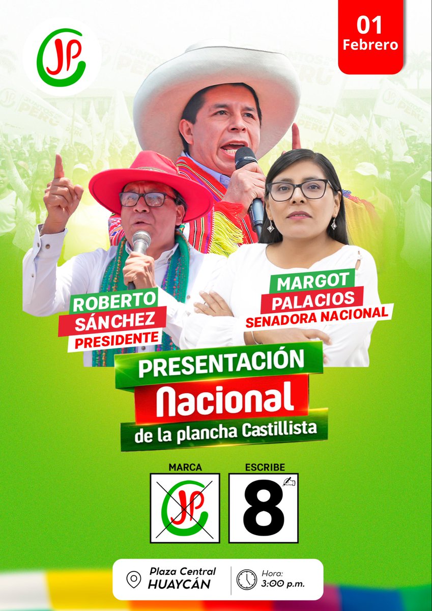 ¡Recuperemos la Patria Juntos! 💪🇵🇪 Con justicia social y dignidad para todos. 
Presentación de la Plancha Presidencial Castillista. 
#RobertoSánchezPresidente
#MargotPalaciosSenadoNacional8 #jp8 #PedroCastillo #JuntosConElPueblo #JuntosPorElPerú