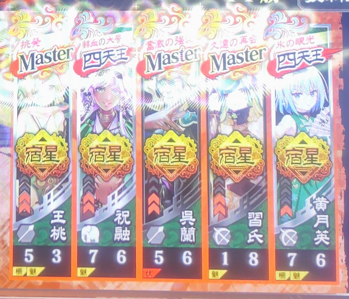 昼過ぎからプレイして来ました。証１００昇格戦は６８回目〜７０回目は失敗しました。その後連敗してなかなか戻せなかったんですが、格上に勝ってなんとか戻せました。明日は７１回目に挑む予定です。そんな中で黄月英がついに宿星になり、遊軍含めて全員宿星になりました  ...