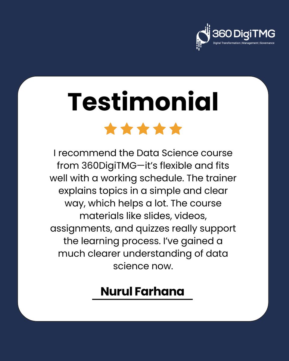 360digitmg_MY's tweet image. Flexible learning, clear explanations, real results ⭐
That’s what our learners experience at 360DigiTMG.

#StudentTestimonial #DataScienceLearning #360DigiTMG #SkillUpgrade #LearnDataScience #ProfessionalGrowth