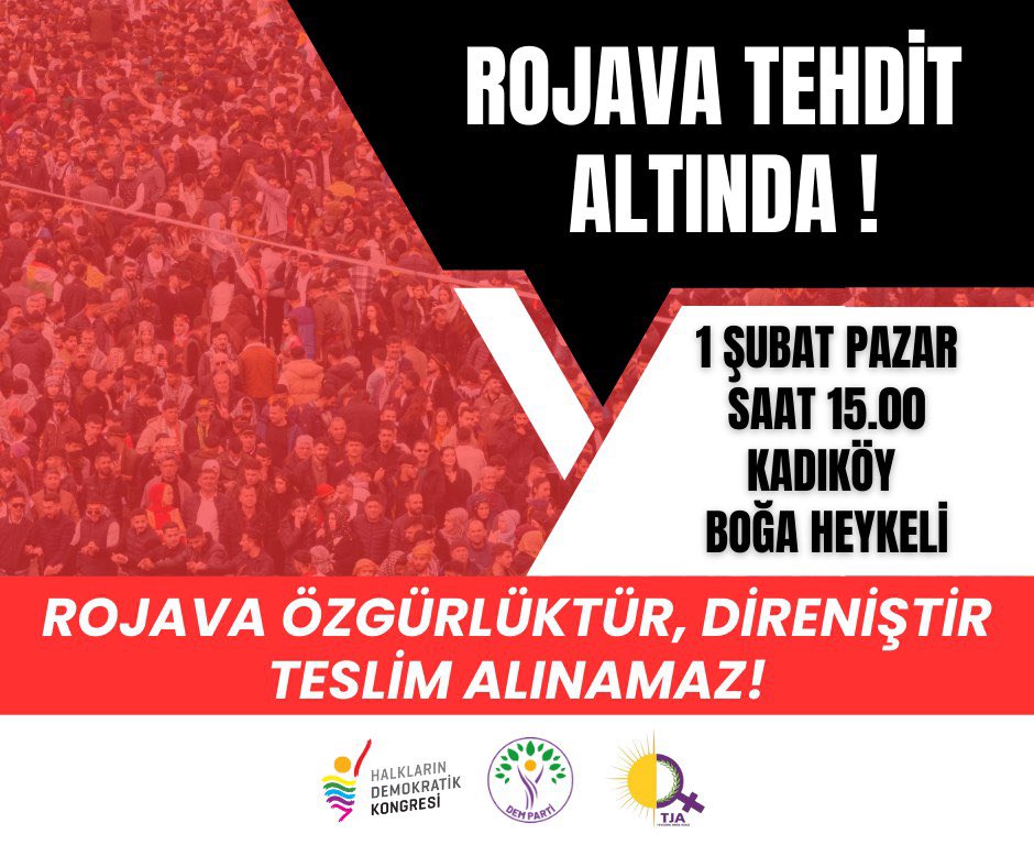 espistanbul's tweet photo. Sömürgeci işgal ve saldırganlığa karşı tüm halkımızı Rojava devrimimizi savunmaya çağırıyoruz.

📆 1 Şubat Pazar 
⏰ 15.00’da
📍Kadıköy Boğa Heykeli’ndeyiz. 

Emperyalistler, bölgedeki gerici devletler ve cihadist kontra çeteler yenilecek; direnen halklar kazanacak. https://t.co/BS6VEwt9RZ