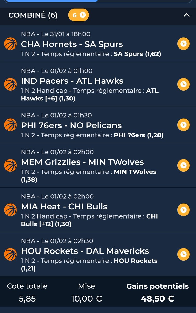 BetClem_'s tweet photo. AVIS FULL MAP NBA 🏀🇺🇸 01/02 🗓️

👽 San Antonio Spurs ⭐
🦅 Atlanta Hawks +5.5 ⭐⭐
💙 Philadelphia 76ers ⭐
🐺 Minnesota Timberwolves ⭐⭐ 
🐮 Chicago Bulls +11.5 ⭐
🚀 Houston Rockets ⭐⭐⭐ 
https://t.co/8eRy5NJcAF

Meilleures cotes ici 👇
https://t.co/4mlvP6cxKK
🎁 1er paris remboursé jusqu'à 100€ que le pari soit gagnant ou perdant.

⚠️  Comme d'habitude, pour jouer les win en sec vaut mieux attendre pour les équipes avec des joueurs questionable ou en GTD (Mitchell, Aldama, Giddey, White, Grimes, Johnson, Risacher, Green...)

💊 JOUEURS OUT IMPORTANT : SOCHAN, PLUMLEE, OKONGWU, PORZINGINS, MURRAY, HERRO, POWELL, ROZIER, CLARKE, EDEY, MORANT, DAVIS, IRVING, VANVLEET.

🔴 = Équipe en back to back ⚠️
Attention également aux équipes en B2B , la fatigue peut jouer sur les performances : Memphis Grizzlies, New Orleans Pelicans.

🪧 Rappel : je ne conseille pas de jouer le combiné de tout les matchs, le ticket là sert de support visuel (c'est du fun perso et surtout un avis).
Privilégier de jouer en simple, ou d'en combiner 2-3 max (idéalement les 3 ⭐ ou 2 ⭐)

⭐⭐⭐ Grosse confiance
⭐⭐ Moyenne confiance
⭐ Petite confiance

💚 Si tu soutiens 
#TeamParieur #NBA